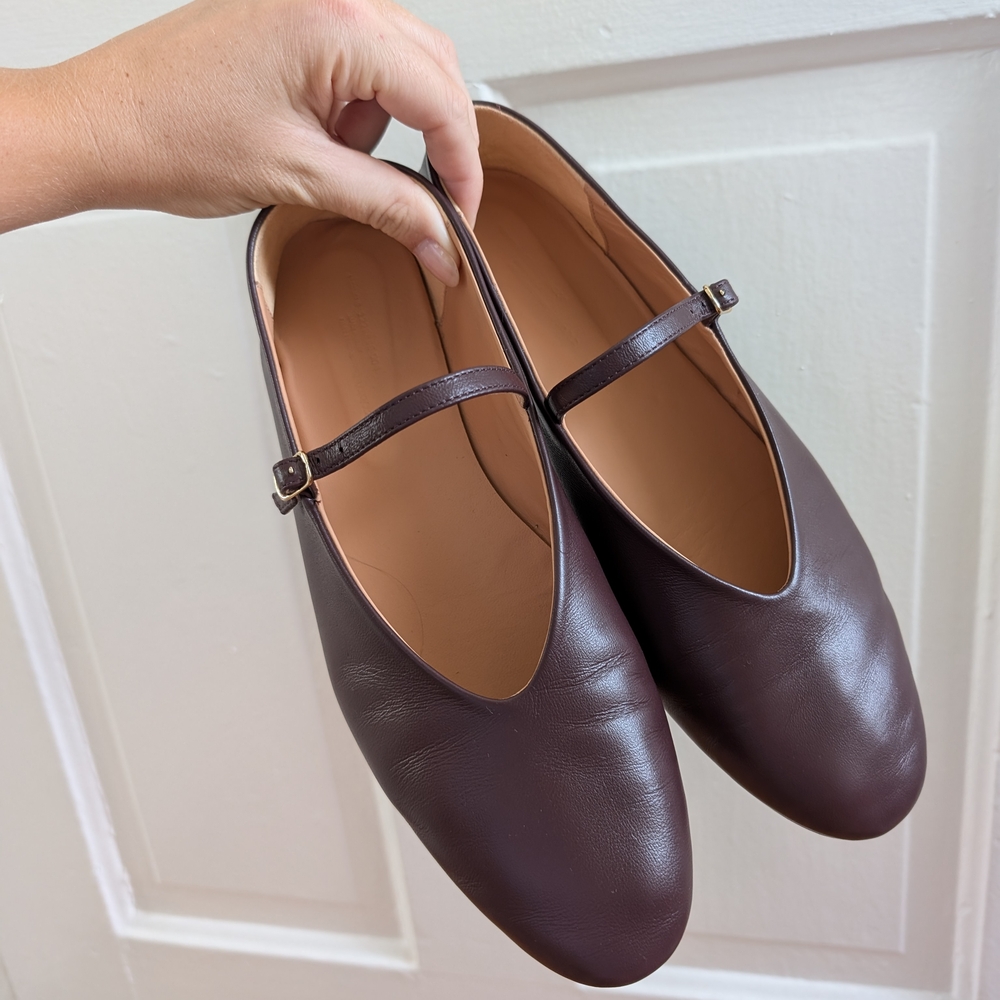 Arket Leather Burgundy Mary Jane Flats with gold buckle closure